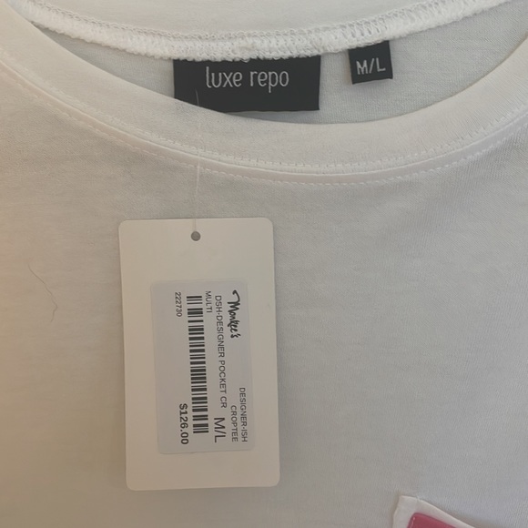 NWT Luxe Repo, Designer-Ish Crop Tee, Prada Stitch Pocket, Size M/L - Picture 3 of 5